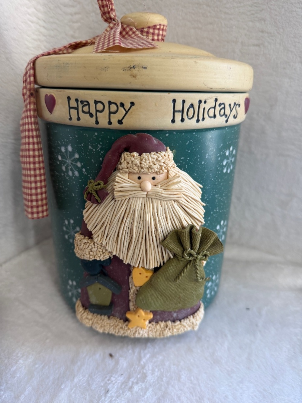Vintage Christmas Cookie Jar 10 3/4” Stoneware 3 Dimensional Spaghetti Santa